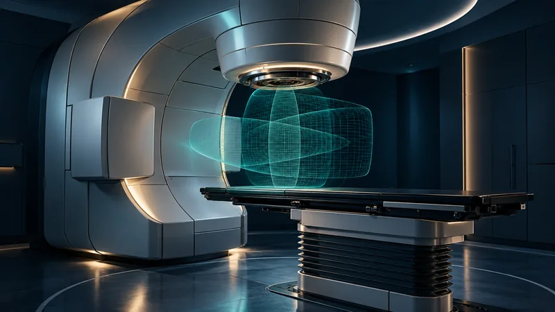 Conceptual illustration of a radiotherapy linear accelerator and a treatment-planning volume.