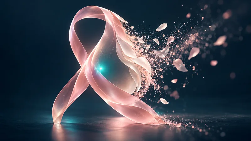 Conceptual illustration of a pink breast cancer awareness ribbon, representing research on reducing the extent of breast and axillary surgery.