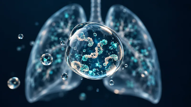 Conceptual illustration of DNA fragments in a molecular sphere against the lungs, representing circulating tumor DNA research.