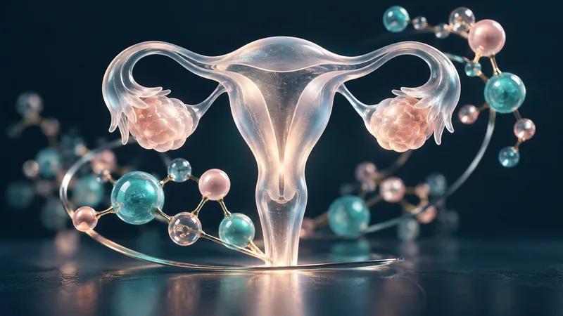 Conceptual illustration of the uterus and ovaries surrounded by hormone-related molecular structures.