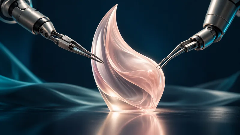 Conceptual illustration of robotic instruments positioned around a breast, representing robot-assisted breast surgery.