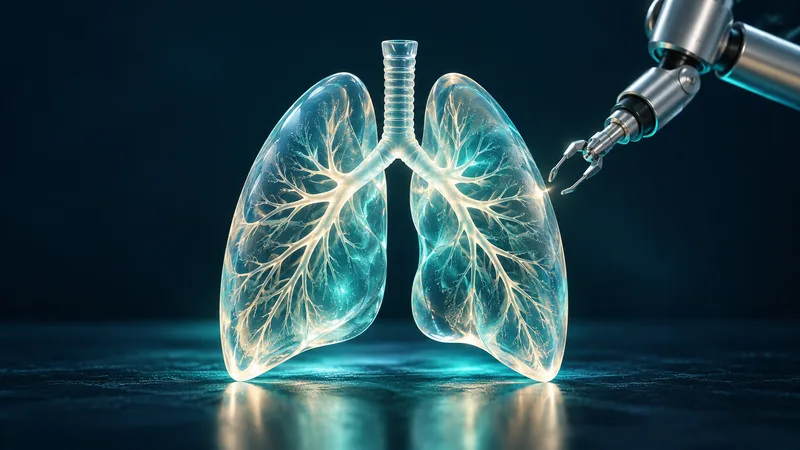 Conceptual illustration of a robotic surgical arm positioned beside transparent lungs.